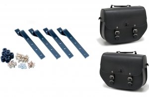 Leather saddlebags CUSTOMACCES SANT LOUIS črna set, with metal base and fitting kit set